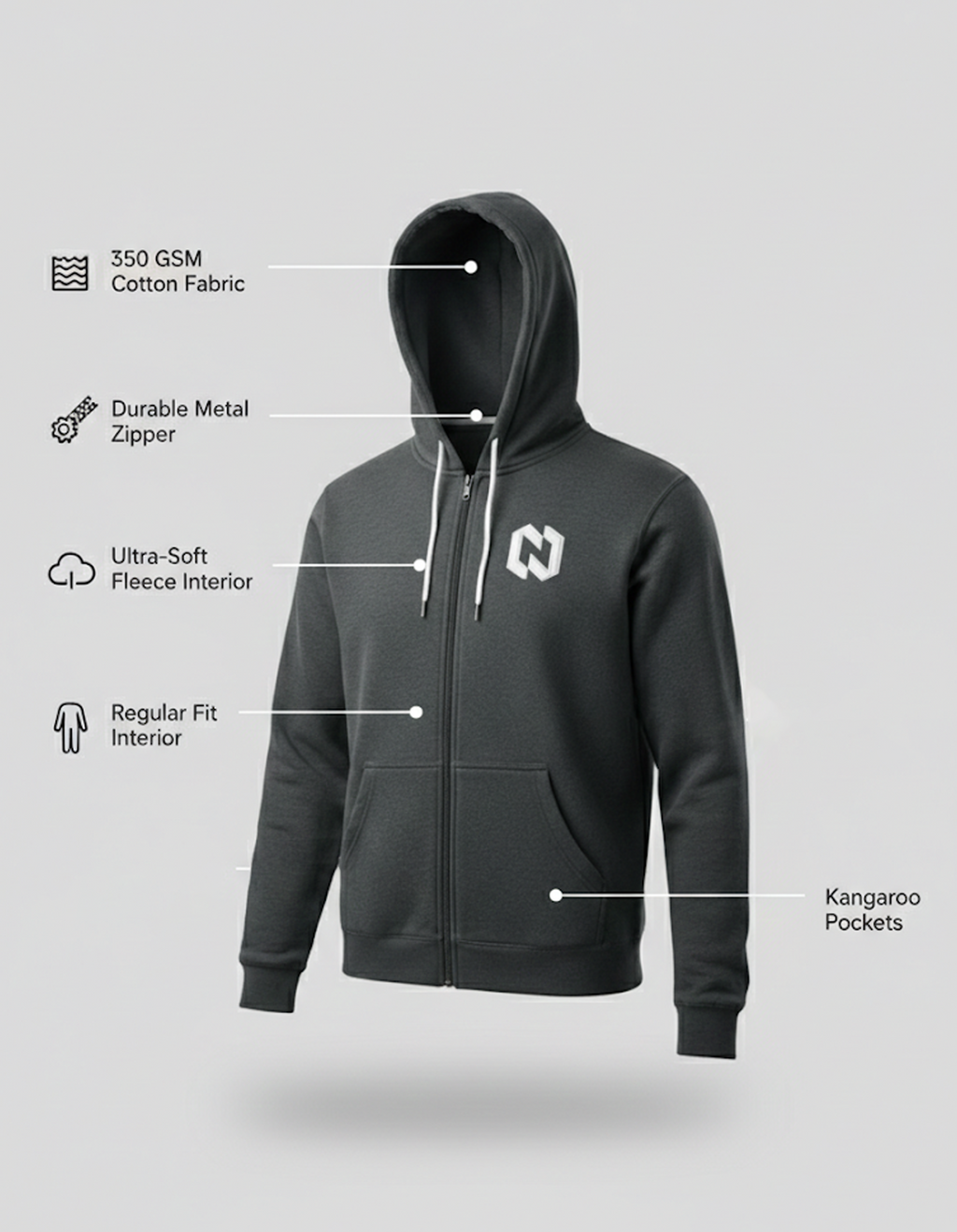 Zipper Hoodie Charcoal 350gsm
