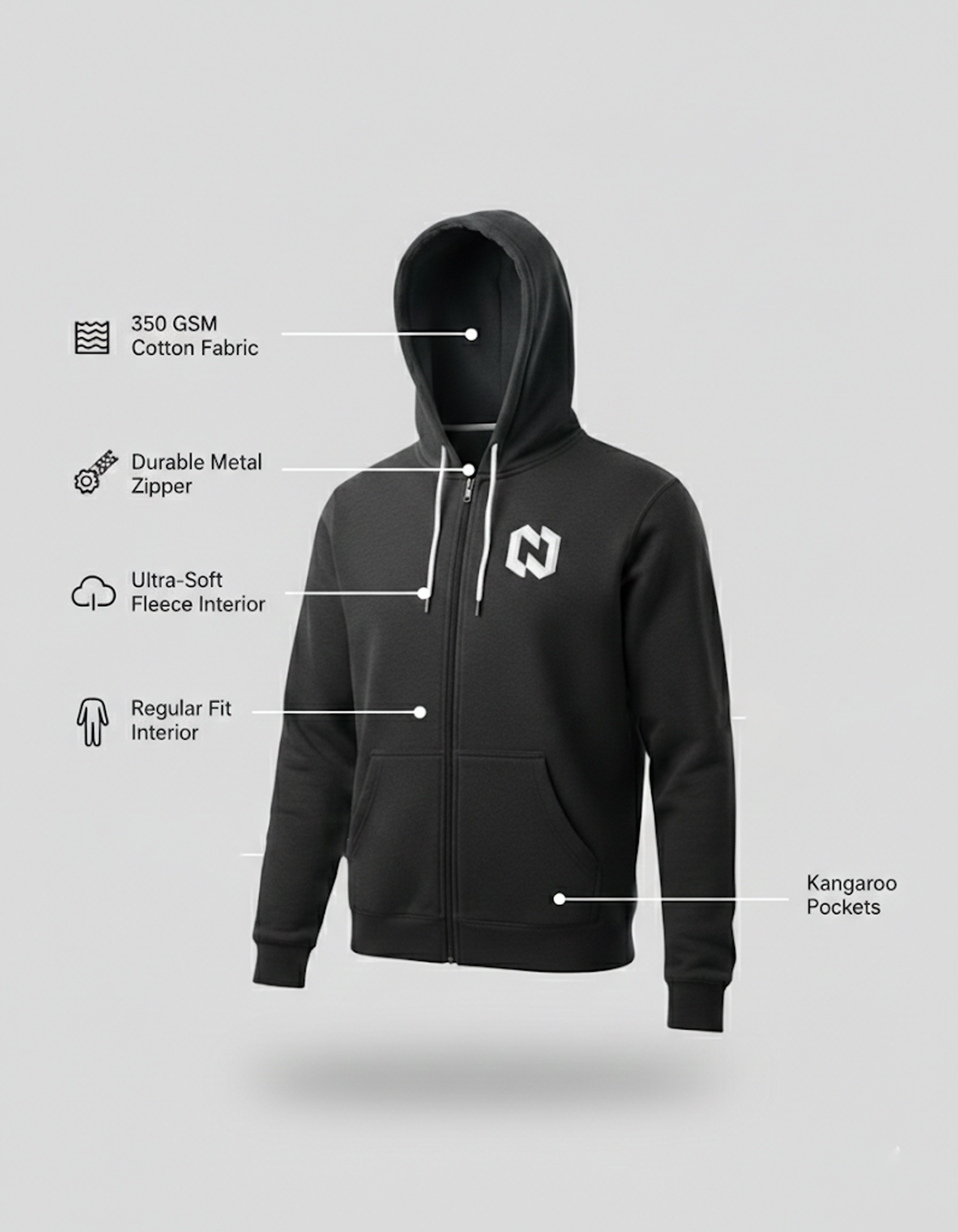 Zipper Hoodie Black 350gsm