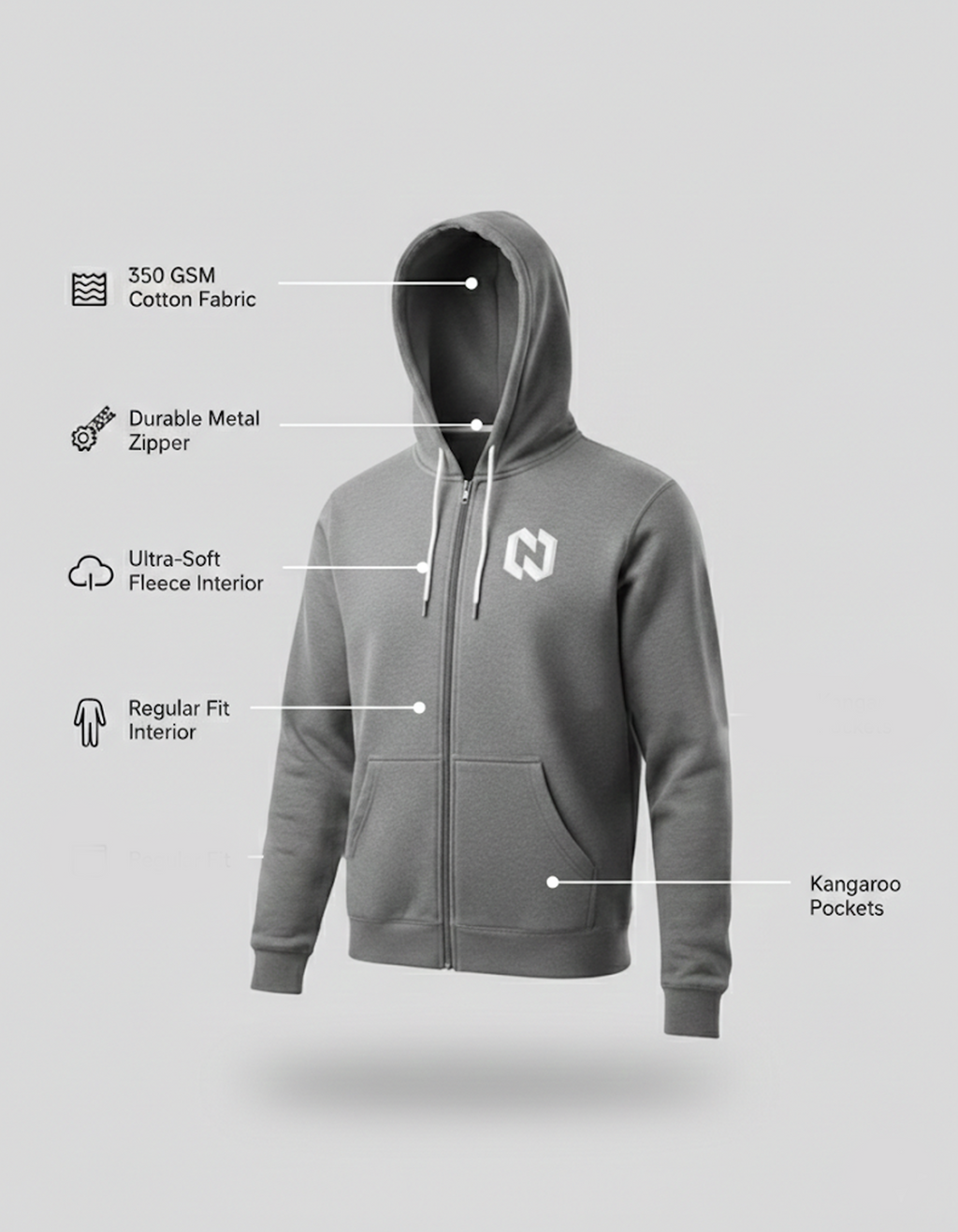 Zipper Hoodie Grey 350gsm